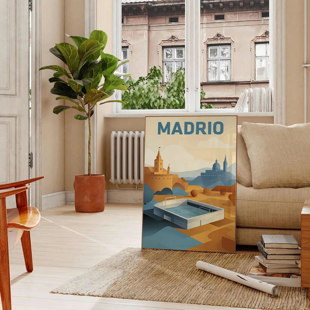 vibrant spirit Madrid stunning football poster bold orange green hues sports enthusiast essence game yours today space unframed formats