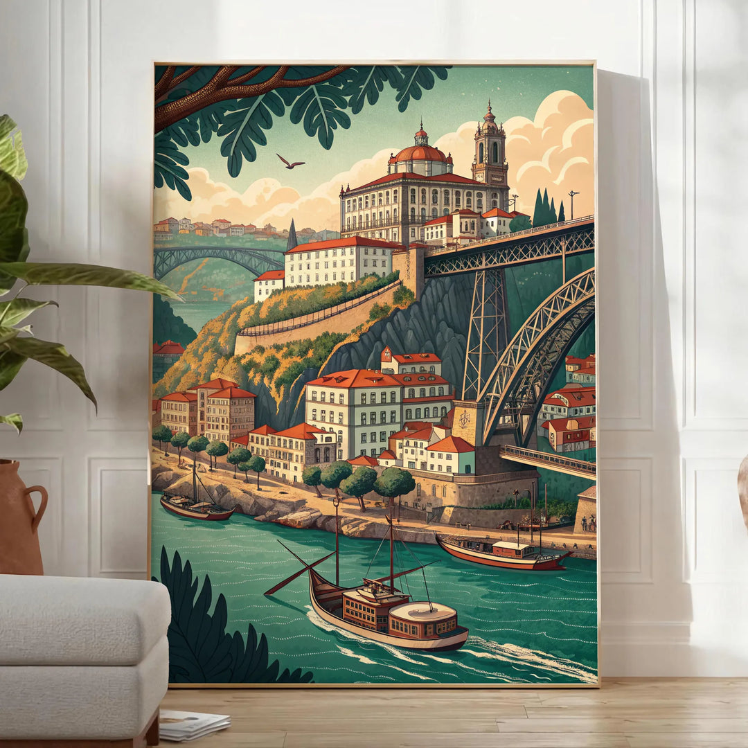 Poster Art Déco Vila Nova de Gaia in tonalità grigie e marroni