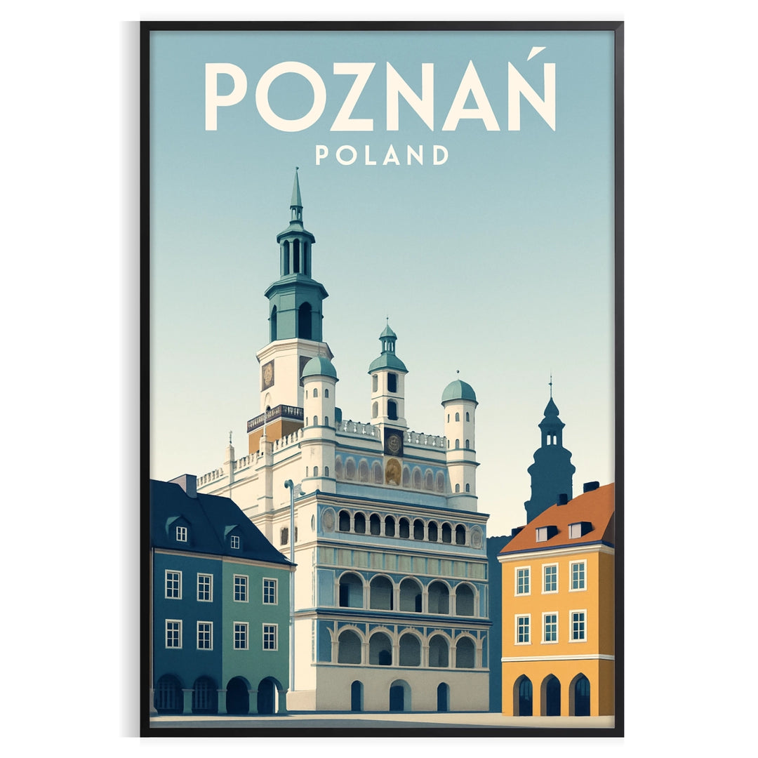 Stylized Poznań city poster with bold orange and green graphic skyline