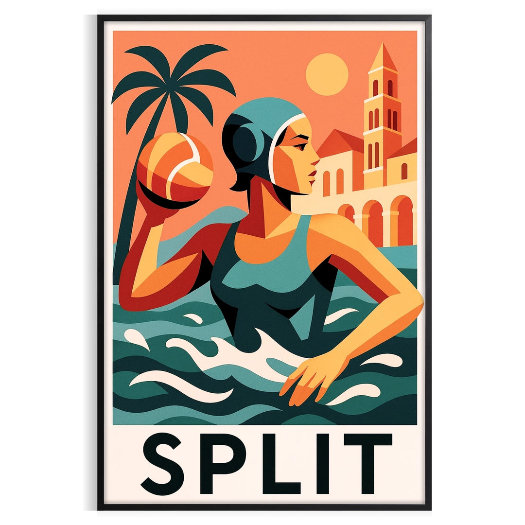 excitement split water polo sport 199 vibrant poster bold red orange tones sports enthusiasts inches space dynamic artwork available