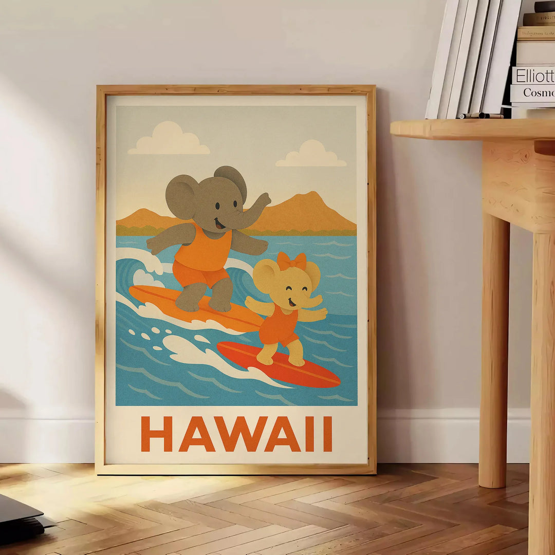 unique Kid Elephant Surf Hawaii parfaite une touche ludique colorée décor dimensions 30x40 nuances gris orange idéal amoureux aventure version affiche