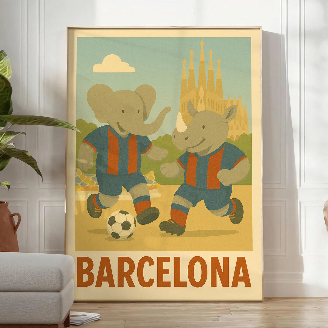 joy football child room vibrant poster playful kid elephant rhino Barcelona theme gray green tones perfect young fan delightful today formats A4 cm A0