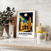 Blue and black Art Déco Asunción Paraguay poster with vintage city silhouette