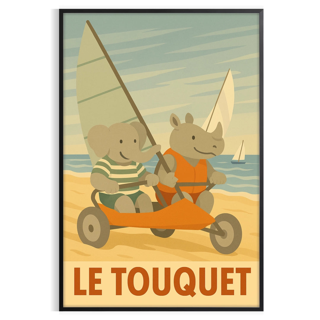 whimsical charm kid elephant rhinoceros poster sandy fun Le Touquet sand yachting gray green tones eye design perfect child room joy walls