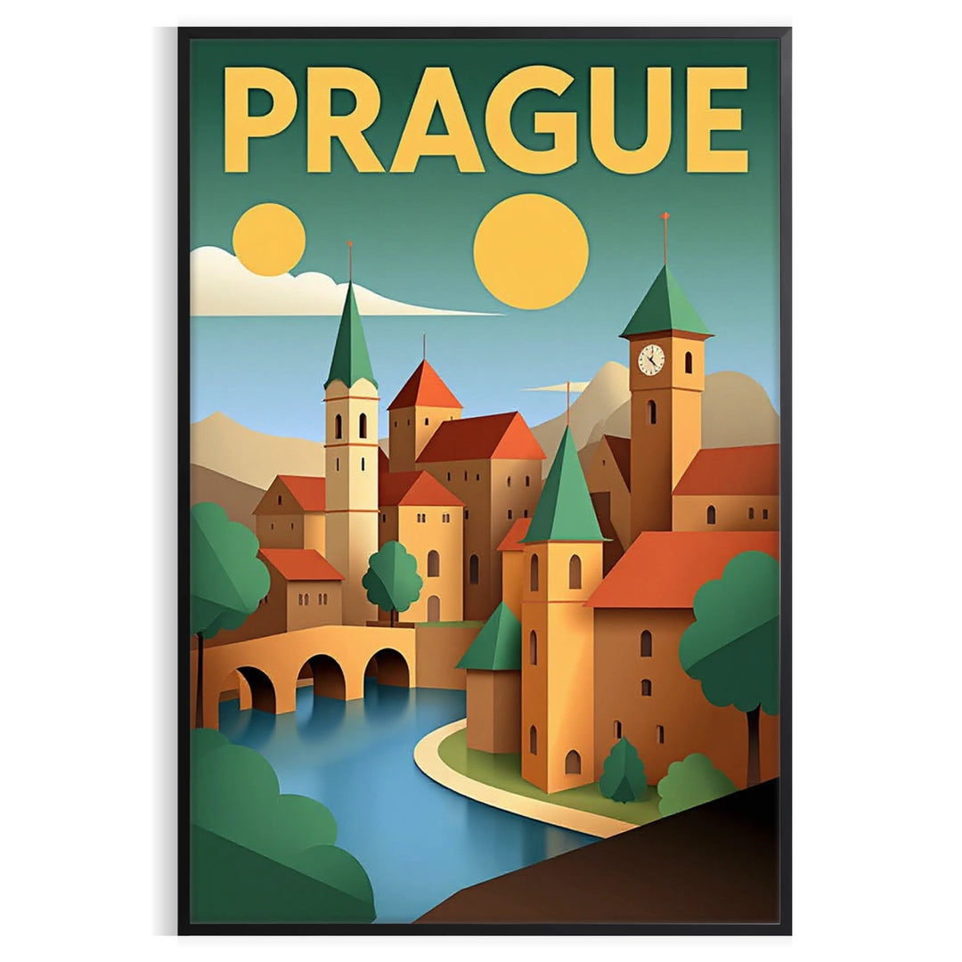 space stunning Art Déco vintage poster vibrant colors yellow green beauty Prague Czechia perfect addition wall unique today decor framed unframed versions