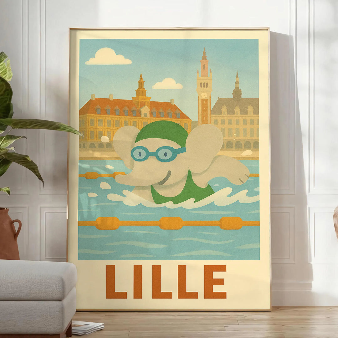 Bērnu plakāts ar ziloņu, kas peld, krāsās pelēkā un oranžā, lielums 50x70 vai 30x40, ideāli piemērots bērnu istabai