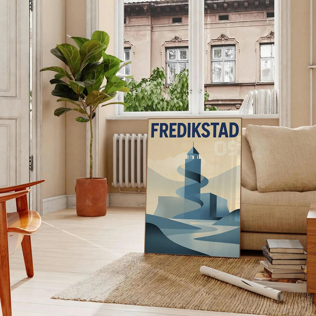 Plakat w stylu Art Déco przedstawiający urok Fredrikstad w Norwegii, dostępny w rozmiarach 50x70 i 30x40, w wersji z ramą lub