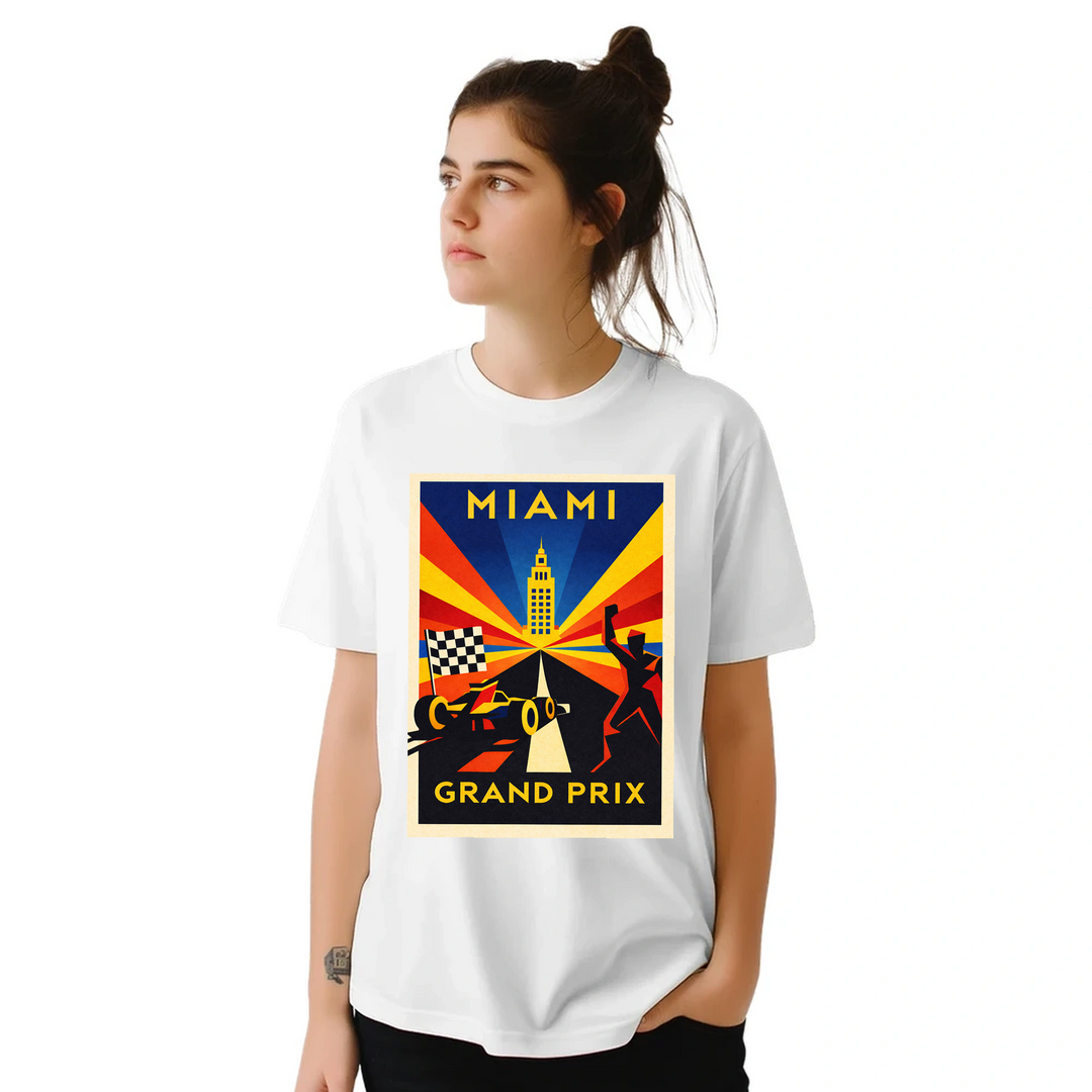 Miami F1 t-shirt i en färgstark design, hyllar den pulserande energin från Formel 1-scenen i USA. Finns i storlekar S till XX