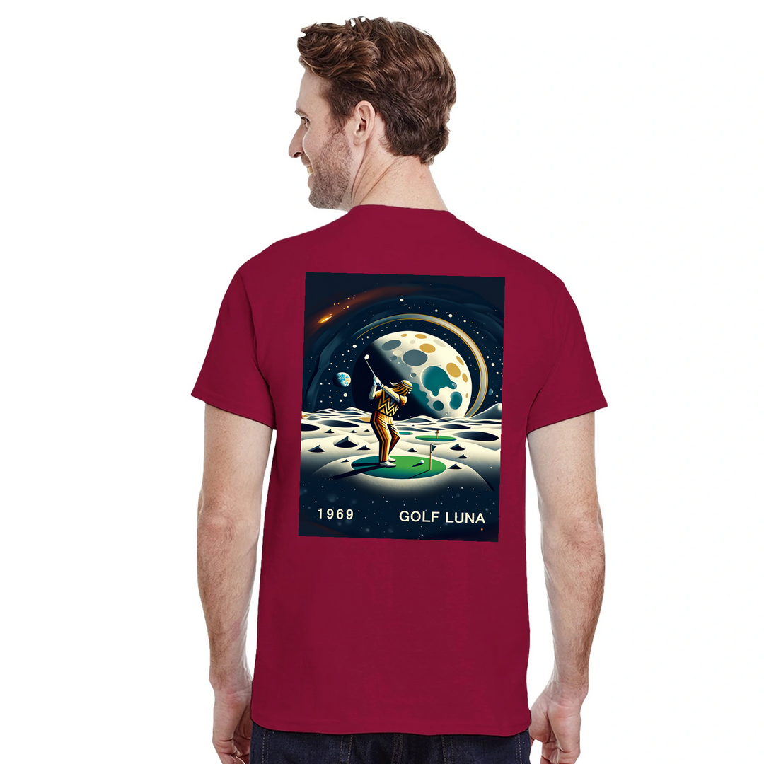Koszulka Golf Moon z unikalnym wzorem, idealna na pole golfowe i codzienne wyjścia. Wygodna i trwała, dostępna w rozmiarach S