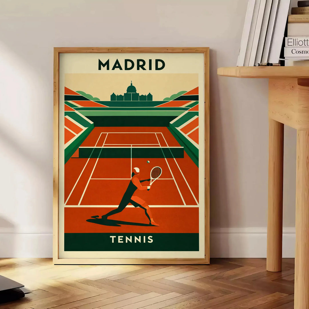 Affiche captivante tennis Madrid couleurs vibrantes orange vert passionnés pièce unique intérieur dimensions 50x70 cm A4 A0