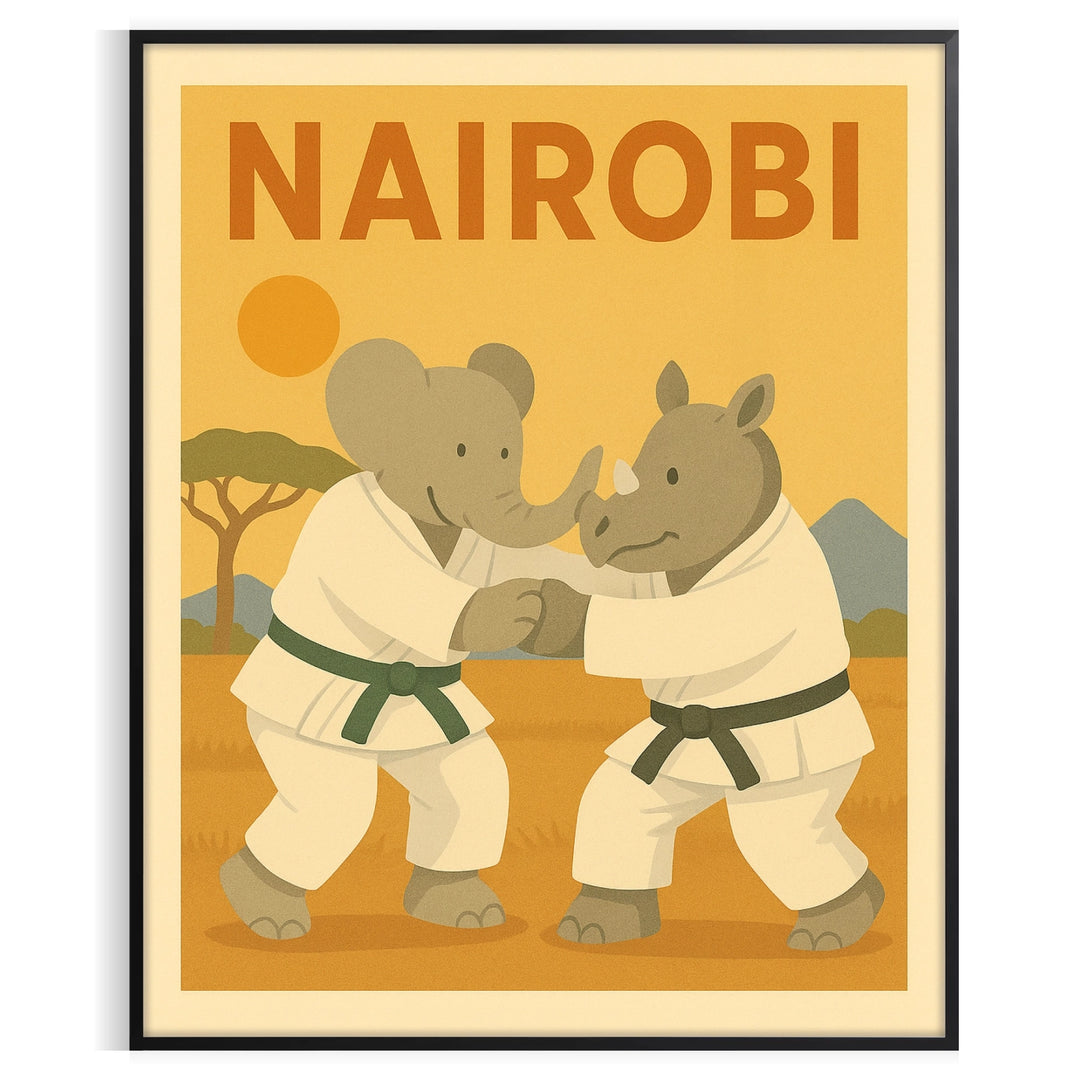 vibrant kid elephant rhinoceros judo poster gray green tones fun touch children room area eye today endless imagination unframed versions available