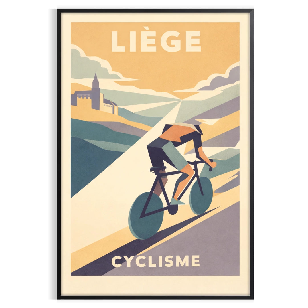 Dynamic cycling scene in Liège, Belgium with orange and gray tones