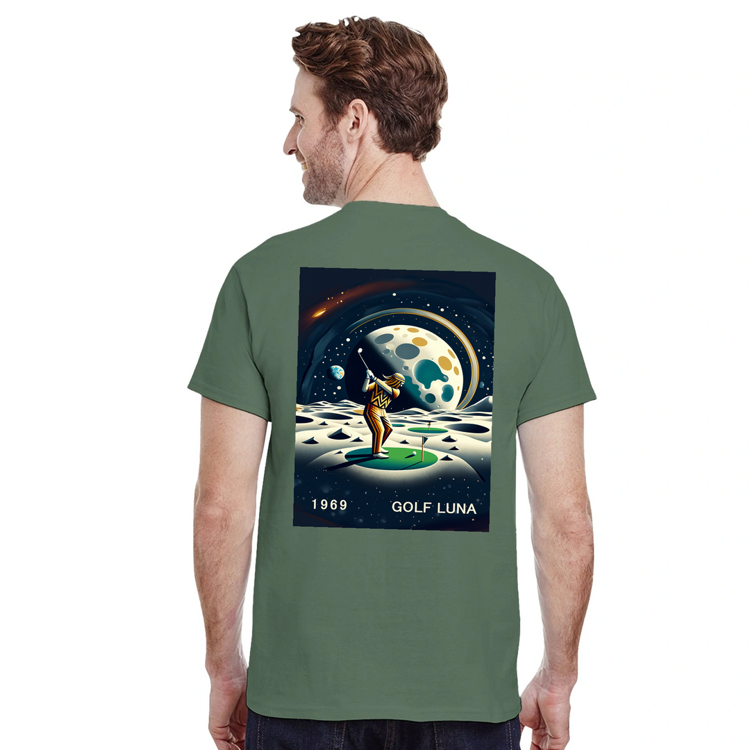 Koszulka Golf Moon z unikalnym wzorem, idealna na pole golfowe i codzienne wyjścia. Wygodna i trwała, dostępna w rozmiarach S