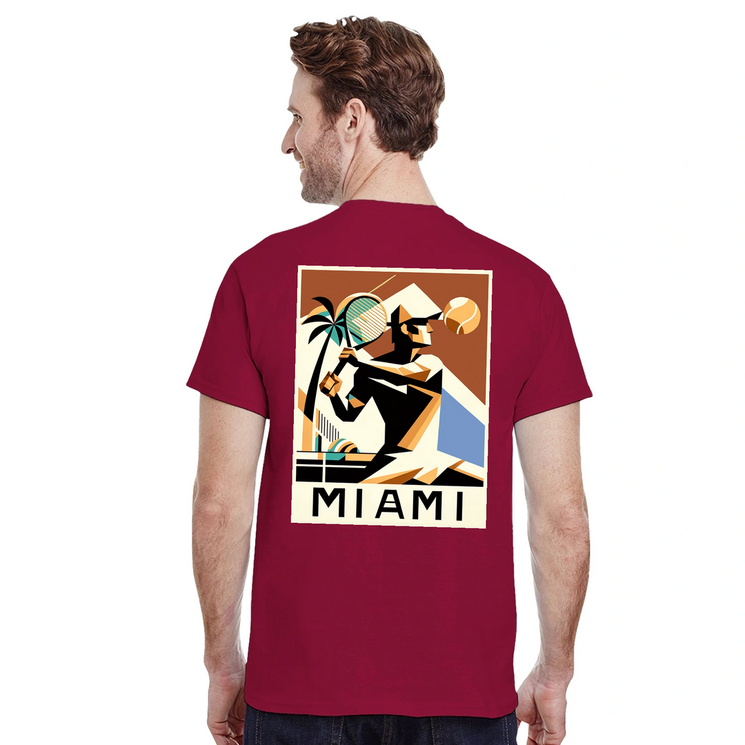 T-shirt Miami Tennis: design vibrante che cattura lo spirito energetico del tennis a Miami, in cotone morbido e traspirante p
