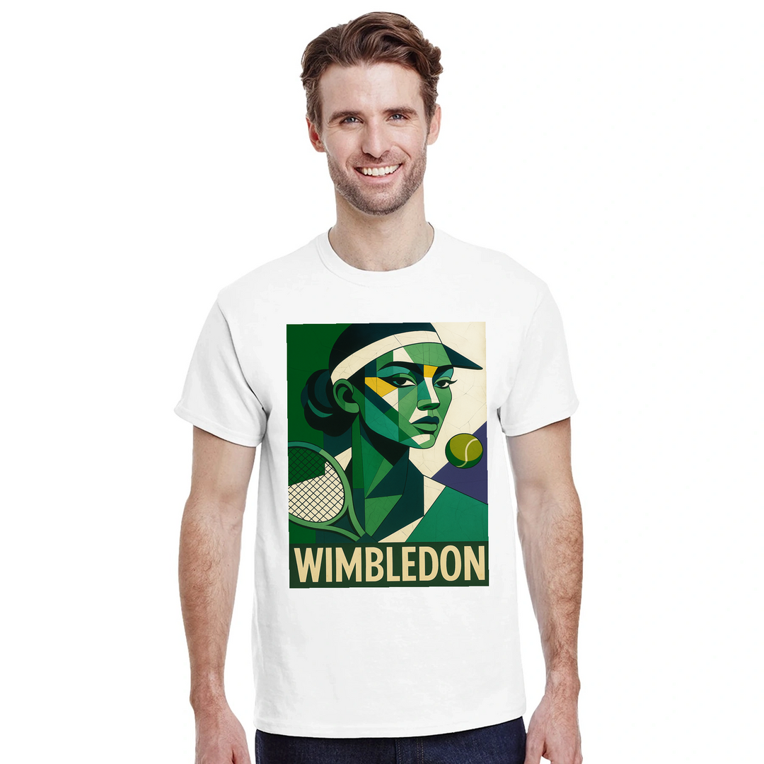 ウィンブルドン・キュビスト・テニスTシャツ。ユニークなキュビズムデザインが特徴で、テニス愛好者にもファッション好きにも最適なアイテム。サイズはS、M、L、XL、XXLがあります。
