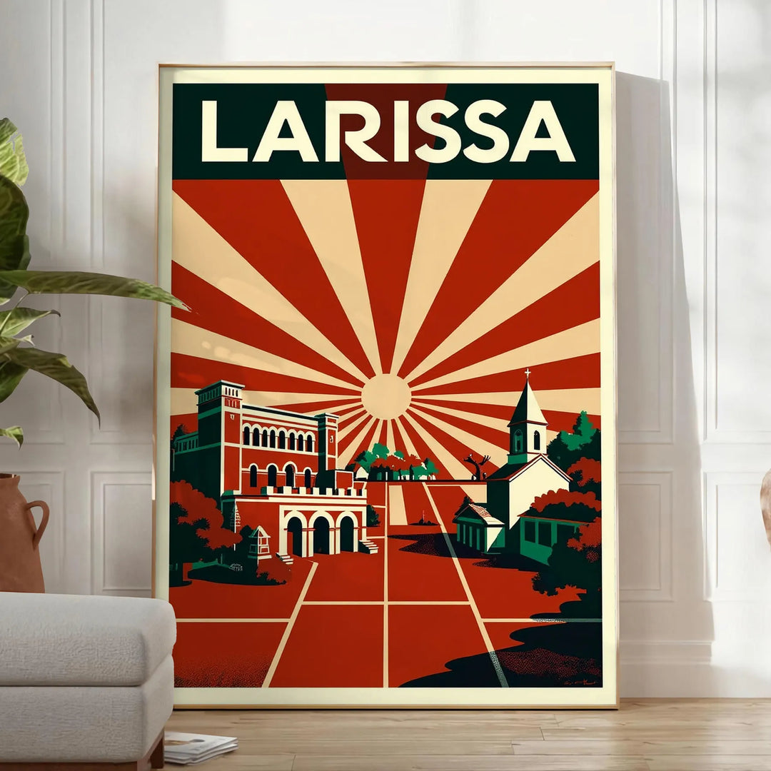 Poster di Larissa, Grecia in stile Art Déco, toni grigio e arancione