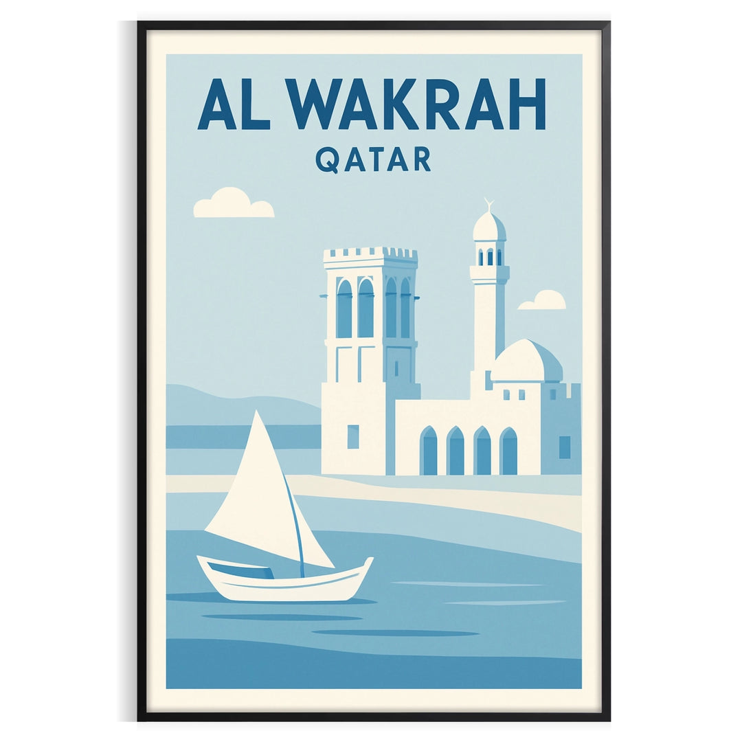 Al Wakrah Qatar minimalist poster showing skyline artwork in gray and blue