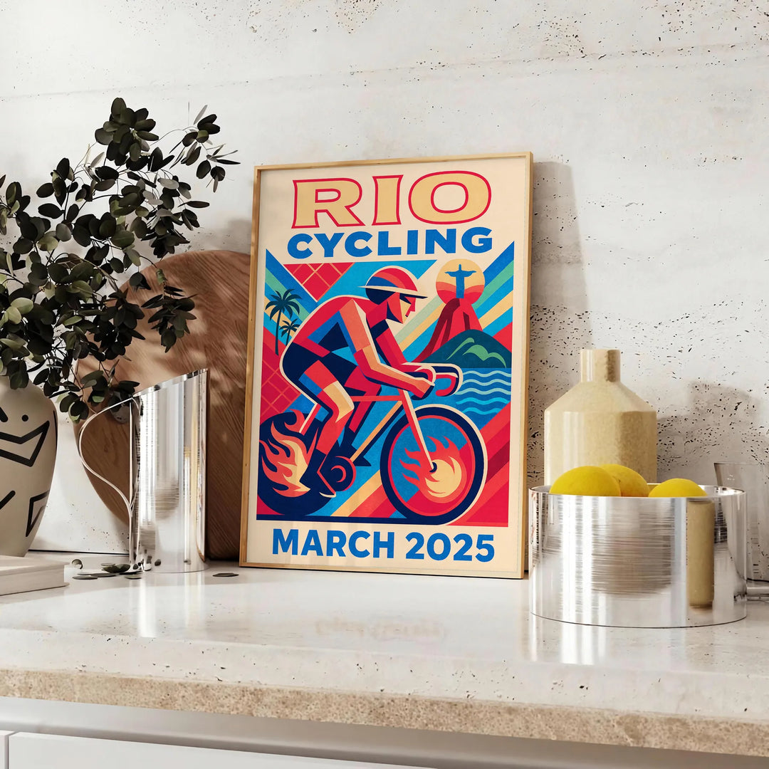 Vintage poster ποδηλασίας Rio με ζωντανά μπλε και κόκκινα χρώματα, διαθέσιμο σε μέγεθος 50x70 ή 30x40, ιδανικό για να προσθέσ