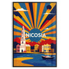 Manifesto vintage Art Déco di Nicosia, Cipro in arancione e rosso