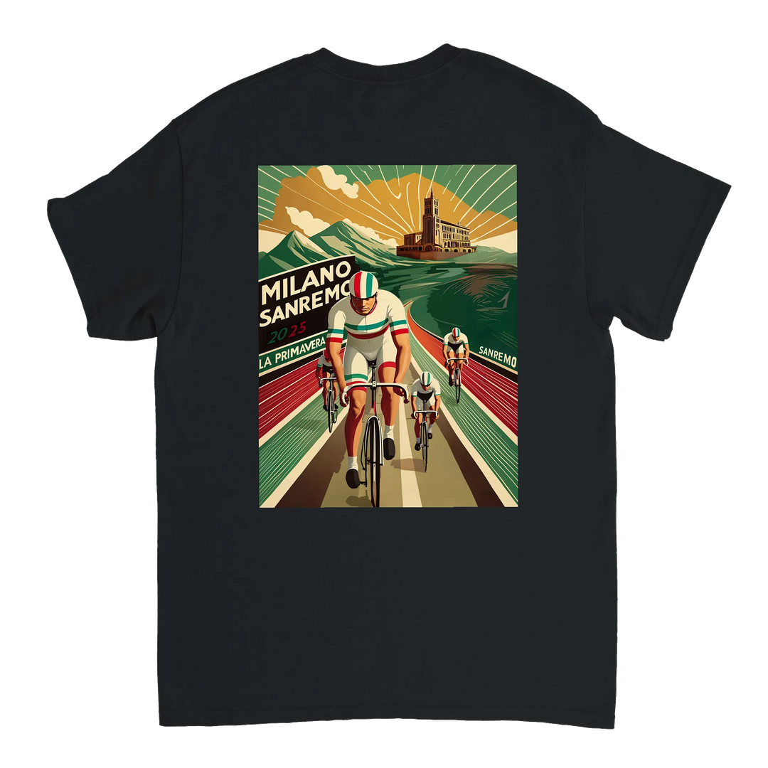 Koszulka Milano Sanremo z unikalnym wzorem, idealna dla miłośników kolarstwa. Dostępna w rozmiarach S, M, L, XL