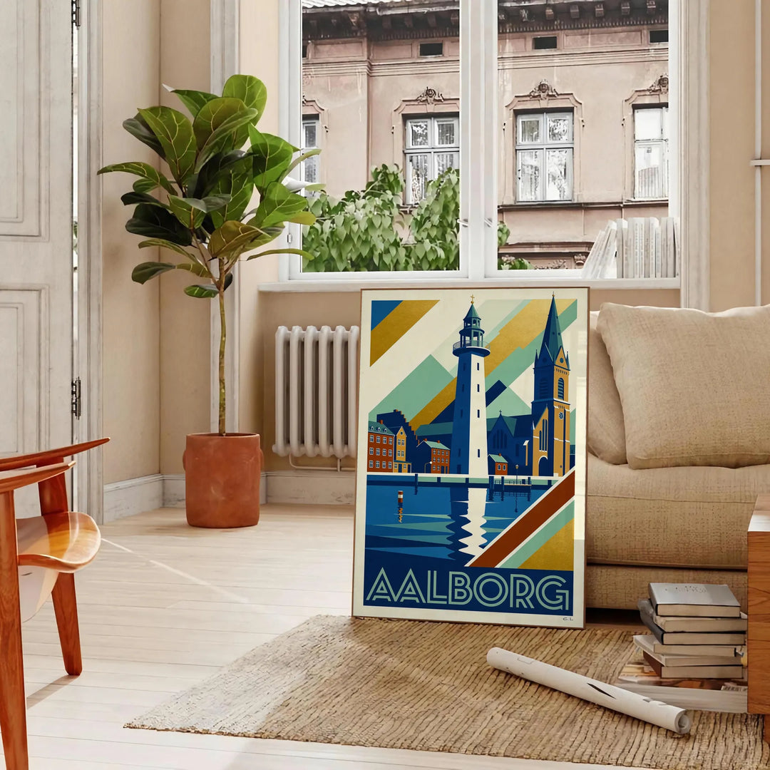 Aalborg city poster in Art Déco style with orange and blue