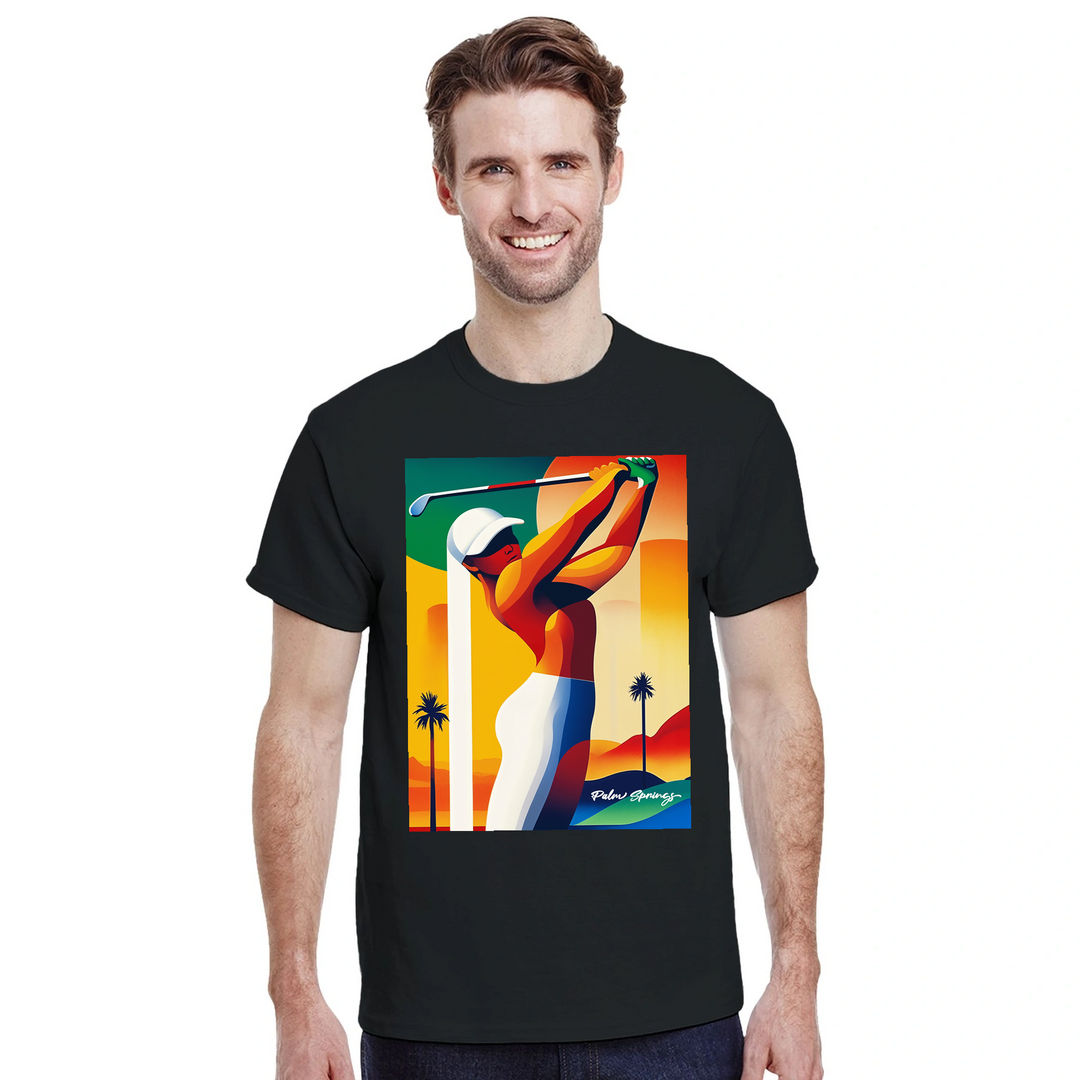 パームスプリングスのゴルフをイメージしたスタイリッシュなTシャツ。快適な着心地と耐久性のあるプレミアムコットンを使用。