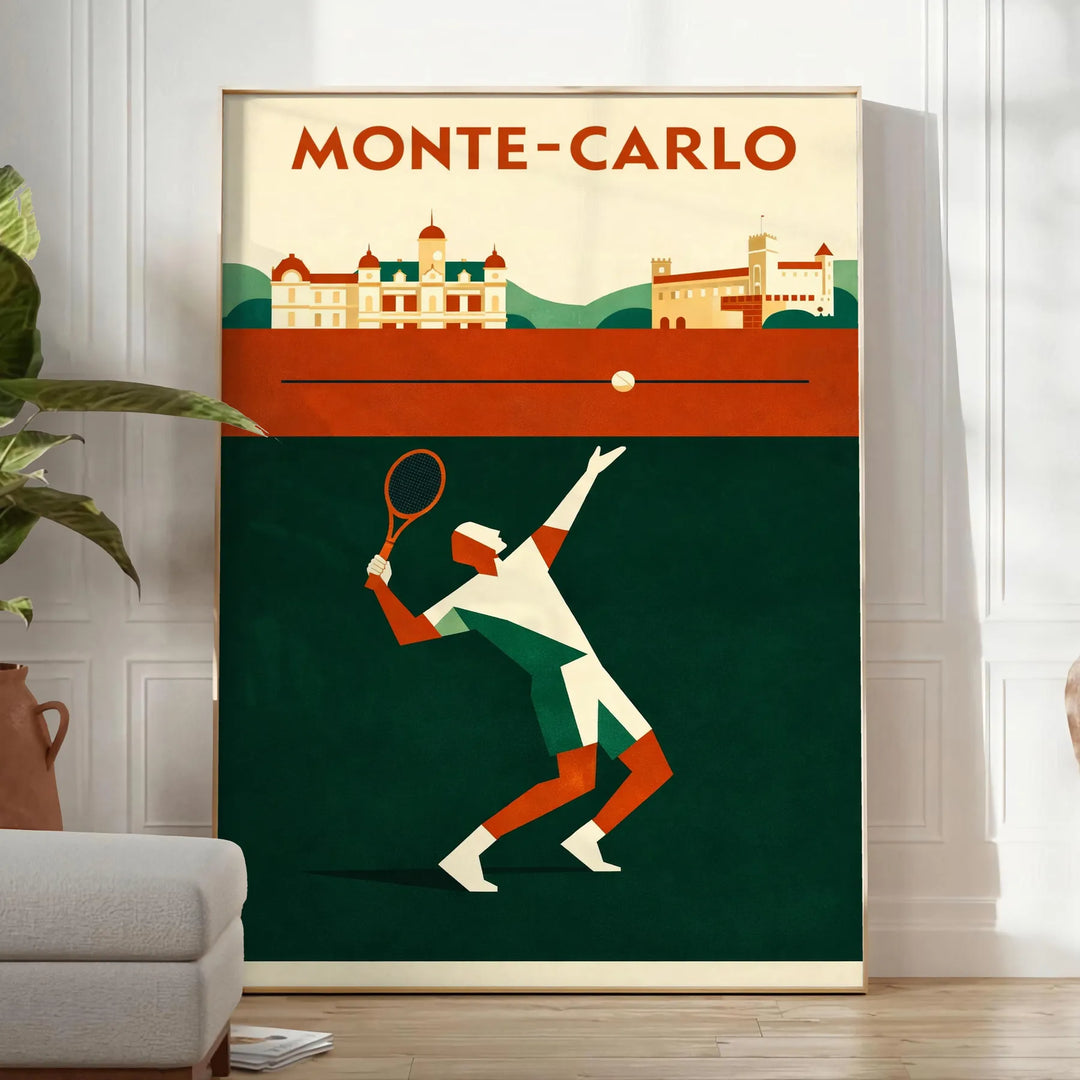 Póster de ténis Monte-Carlo Monaco, design cativante em preto e laranja, disponível em 50x70 ou 30x40 cm, ideal para amantes