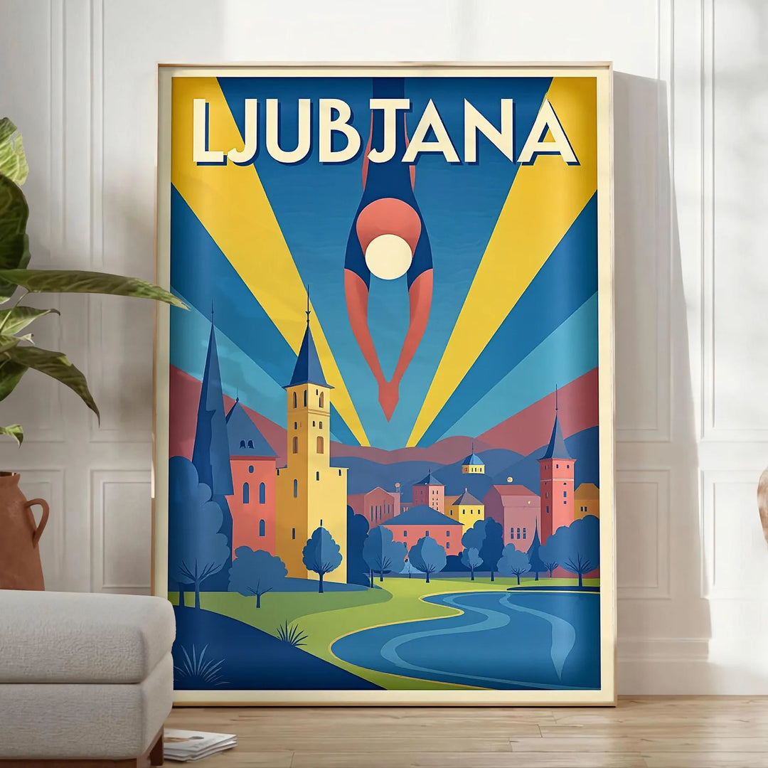 Vintage ceļojumu plakāts par Ljubljanu, Slovēnija, ar art deco stilu, ko raksturo dzīvīgas dzeltenas un zaļas krāsas, pieejam