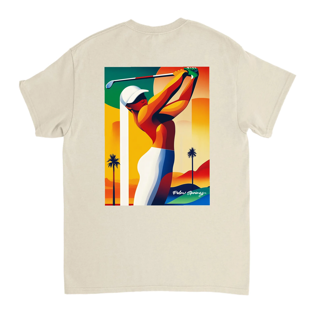 パームスプリングスゴルフTシャツは、明るいデザインが特徴で、ゴルフ場でも普段使いでも活躍する一枚です。サイズはSからXXLまで揃っています。