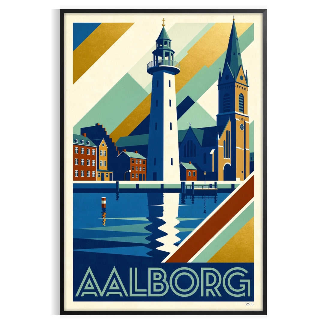Art Déco poster of Aalborg, Denmark in blue and brown tones