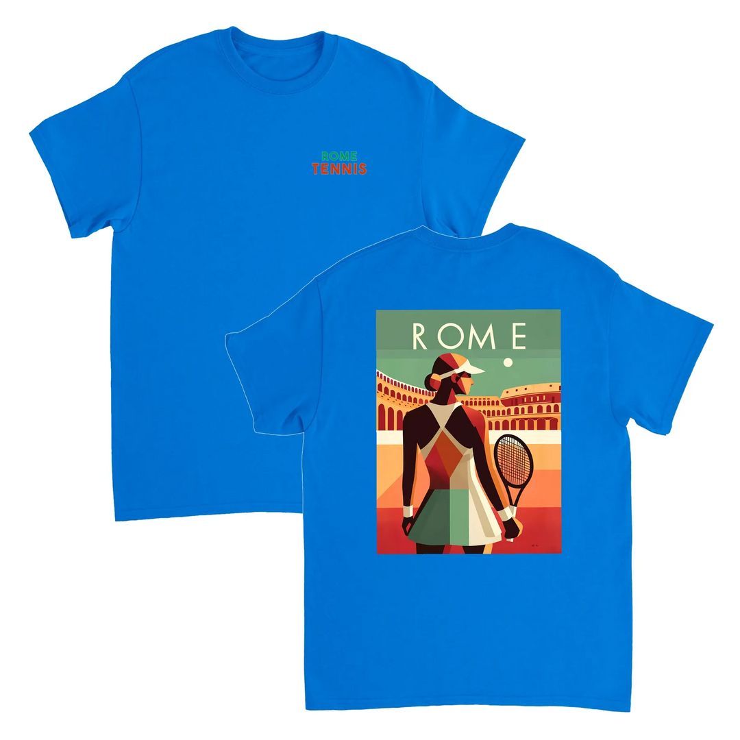 情熱的なファンとスタイリッシュなアスリートのためにデザインされたローマテニスTシャツ。コート内外での着用に最適な鮮やかなテニスグラフィックが特徴。柔らかく通気性のあるコットン素材で快適さを提供します。
