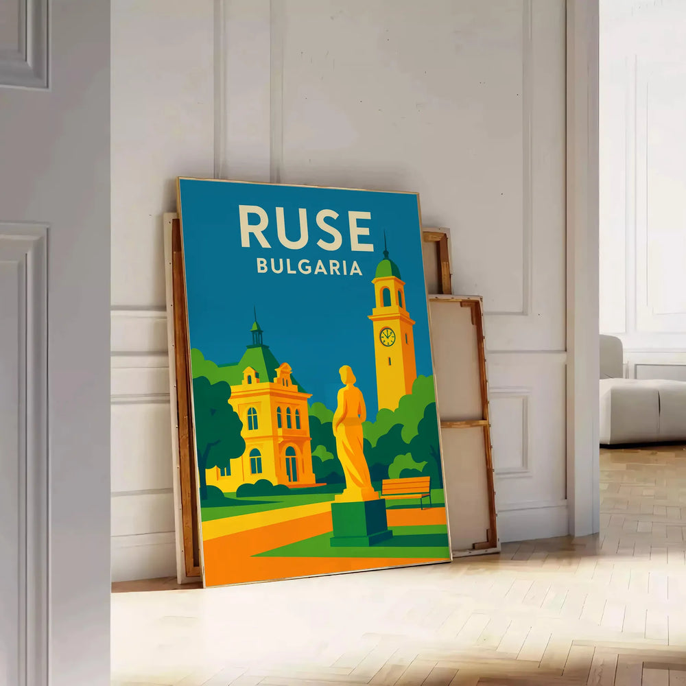 Ruse, Bulgaria city skyline poster in blue and orange geometric style
