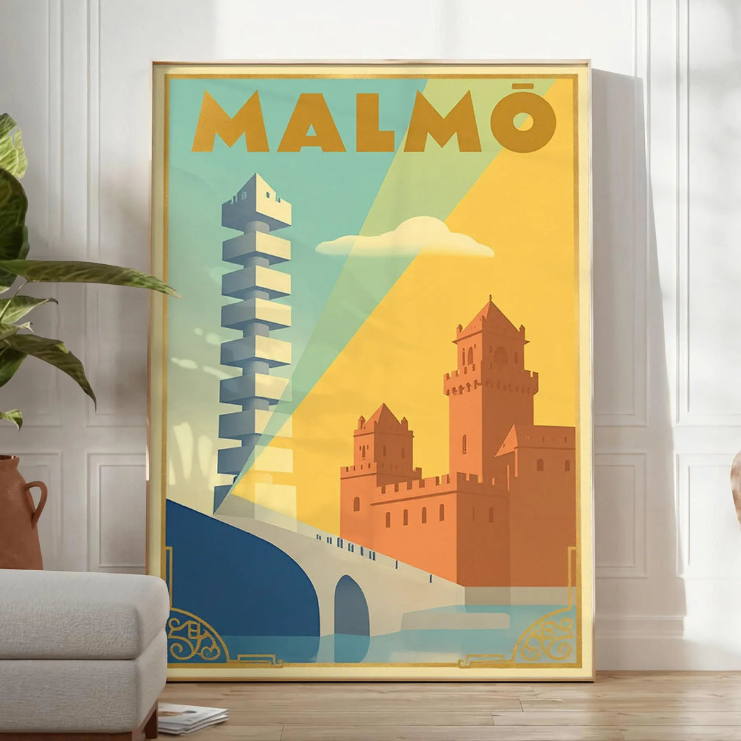 Affiche vintage Malmö Suède élégance Art Déco teintes apaisantes bleu gris intérieur œuvre disponible dimensions 50x70 30x40 unique cadre