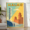 Affiche vintage Malmö Suède élégance Art Déco teintes apaisantes bleu gris intérieur œuvre disponible dimensions 50x70 30x40 unique cadre