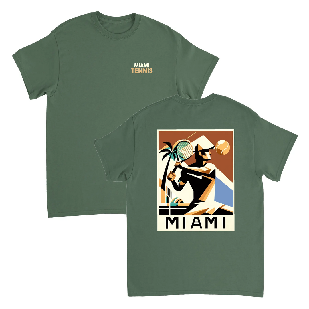 T-shirt Miami Tennis: design vibrante che cattura lo spirito energetico del tennis a Miami, in cotone morbido e traspirante p