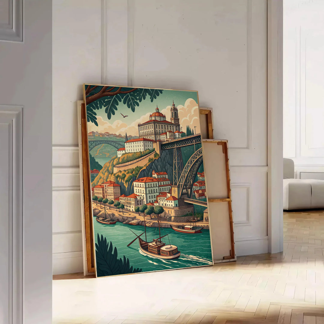 Poster Art Déco Vila Nova de Gaia in tonalità grigie e marroni