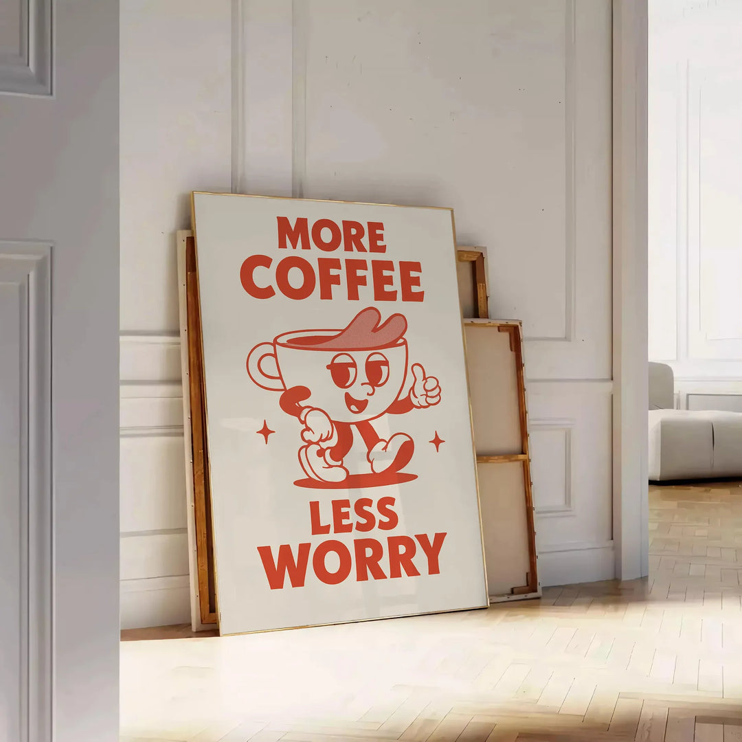 Póster de cocina "Más café, menos preocupaciones" en gris elegante y naranja vibrante, ideal para entusiastas del café. Dispo