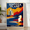 Vintage Reiseposter von Sentosa Island, Singapur im Art Deco-Stil. Lebendige orange und blaue Farbtöne bringen Nostalgie in I