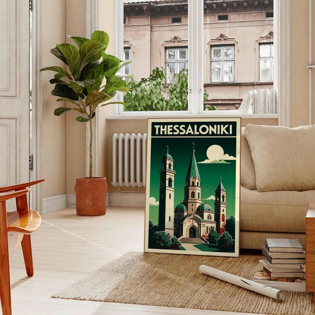 Manifesto Art Déco di Salonicco, Grecia, nei toni grigio e arancione