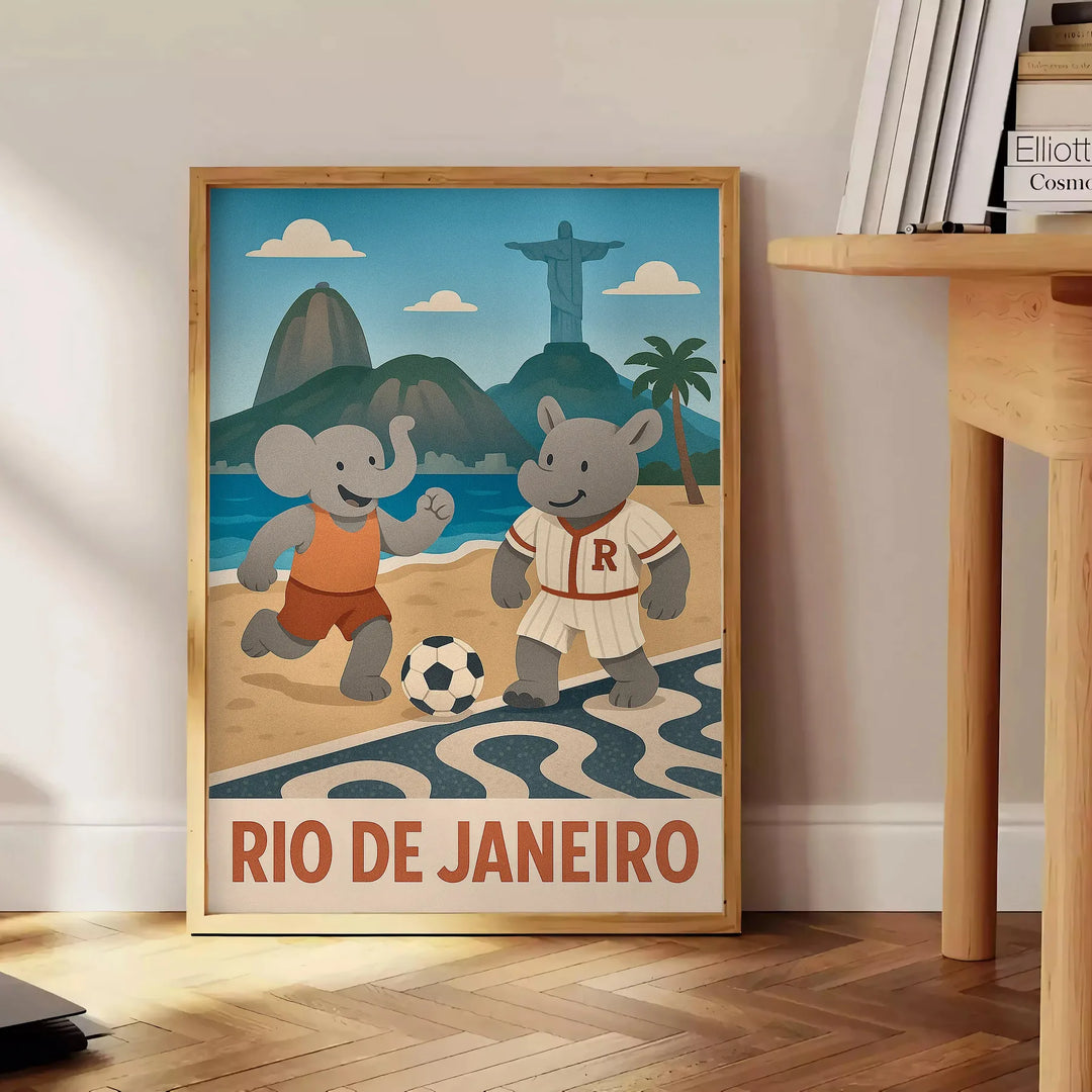 space vibrant poster playful kid elephant rhinoceros football lively spirit Rio de Janeiro orange blue hues perfect room dimensions cm size A4 A0