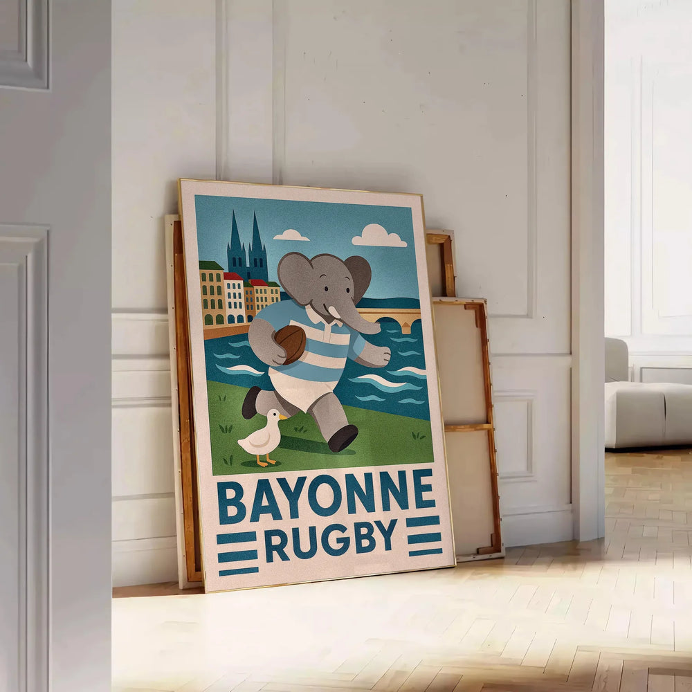 stunning vintage art deco rugby poster charming kid elephant Bayonne delightful artwork spirit vibrant detail perfect addition space dimensions cm decor unique print sizes A4 A0