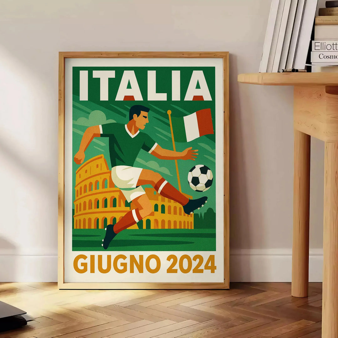 Plakat piłkarski Italia w intensywnych pomarańczowych i białych kolorach, idealny dla fanów i kolekcjonerów. Dostępny w rozmi