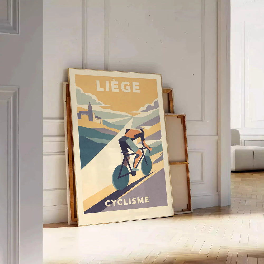 Dynamic cycling scene in Liège, Belgium with orange and gray tones