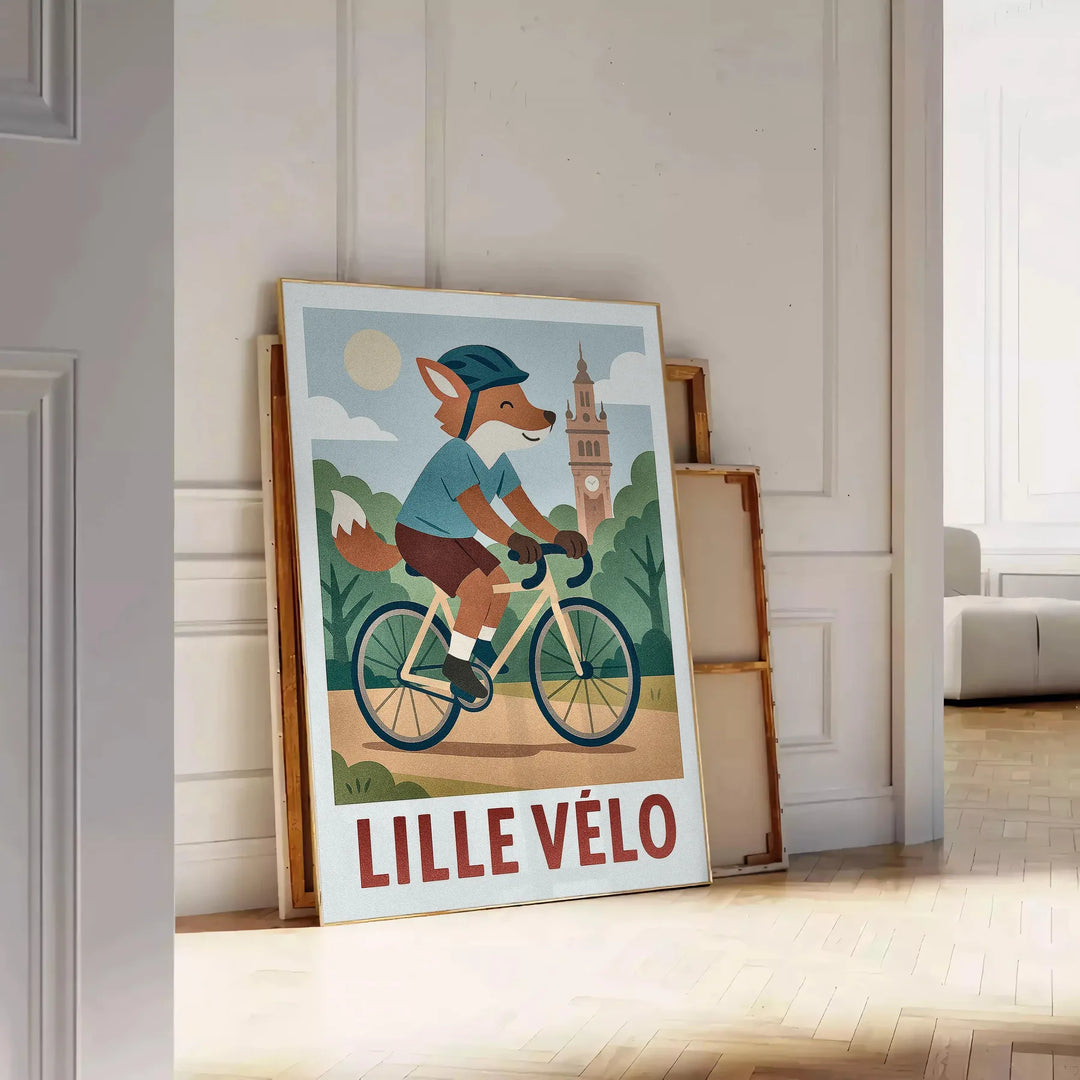 Πόστερ με θέμα τον ποδηλάτη αλεπού Lille, ιδανικό για παιδικά δωμάτια, σε ήρεμες μπλε και γκρίζες αποχρώσεις, που προσθέτει π