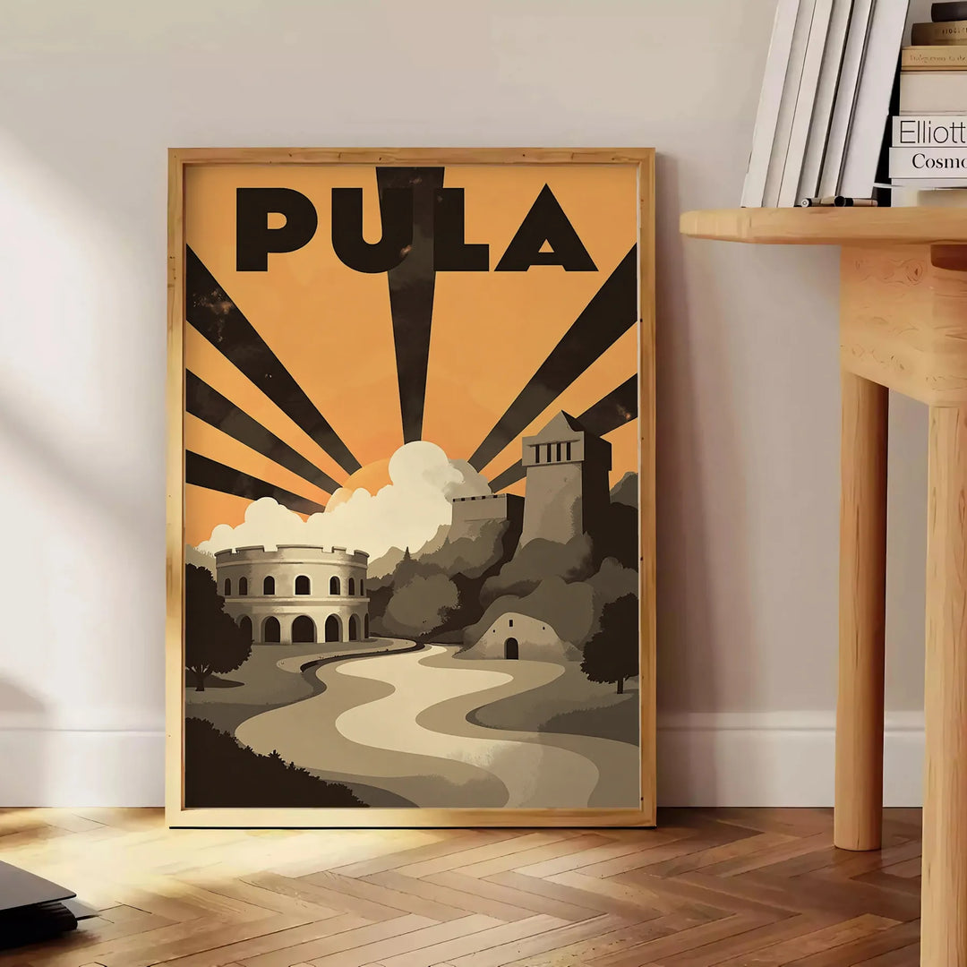 Manifesto Art Déco di Pula, Croazia, scena portuale arancione e verde.