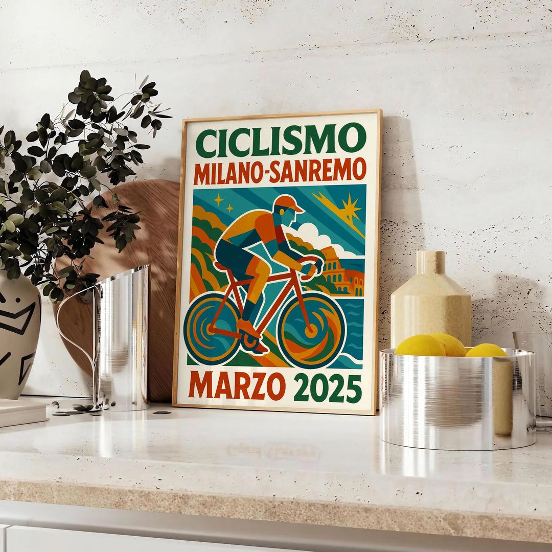Fira spänningen från Milano Sanremo cykeltävlingen med vår livfulla poster i stark röd och blå. Perfekt för cykelentusiaster