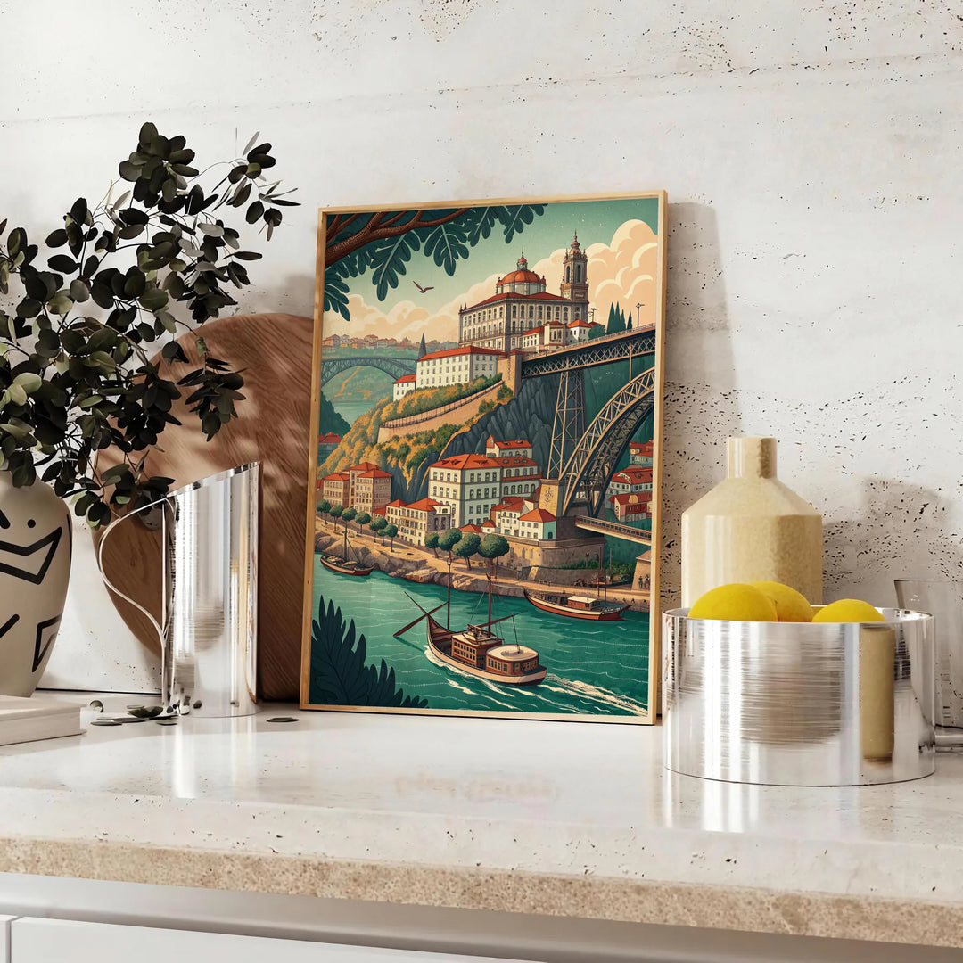 Poster Art Déco Vila Nova de Gaia in tonalità grigie e marroni