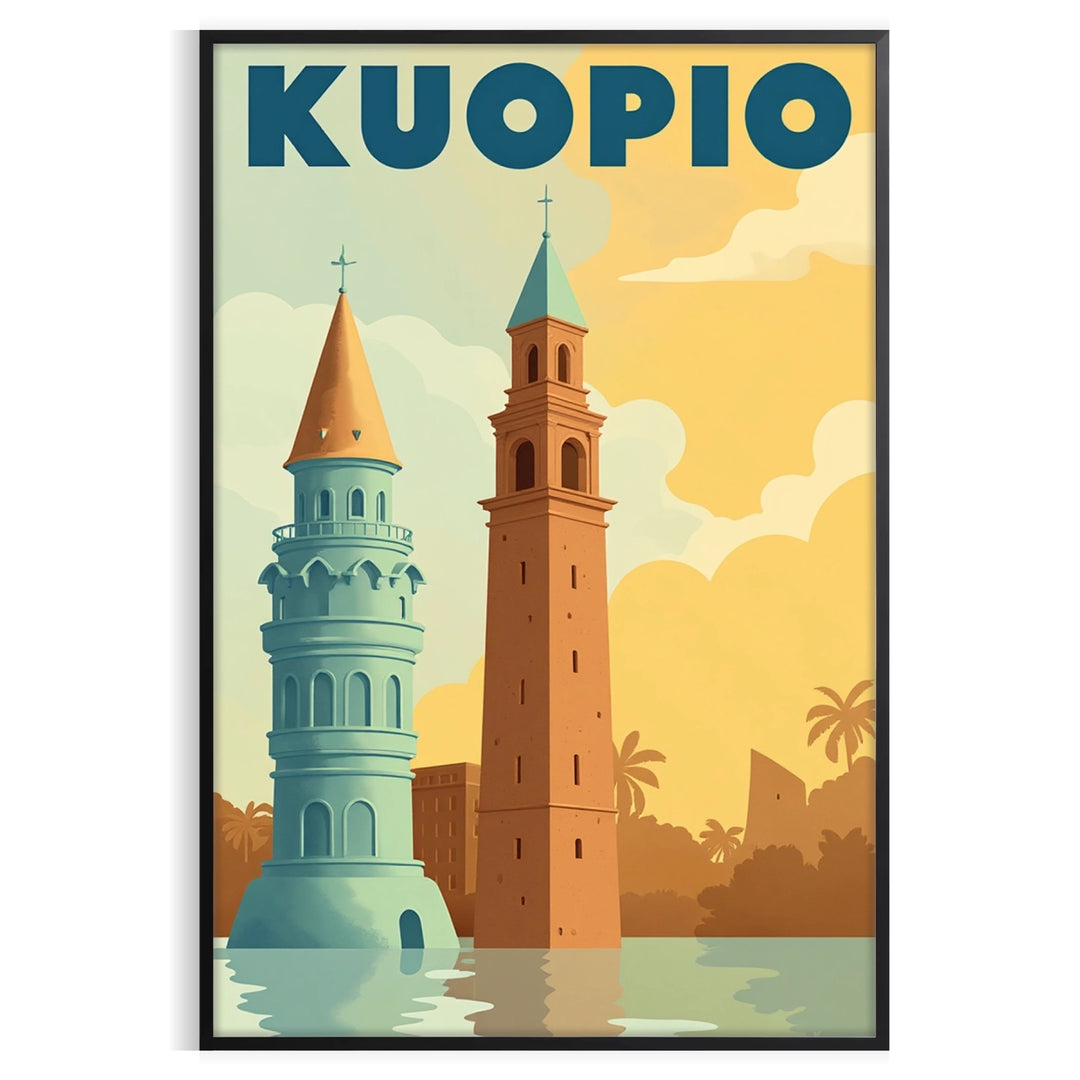 charm Kuopio Finland stunning Art Deco vintage poster vibrant orange blue hues artwork touch elegance space collectors enthusiasts today dimensions cm size A4 A0