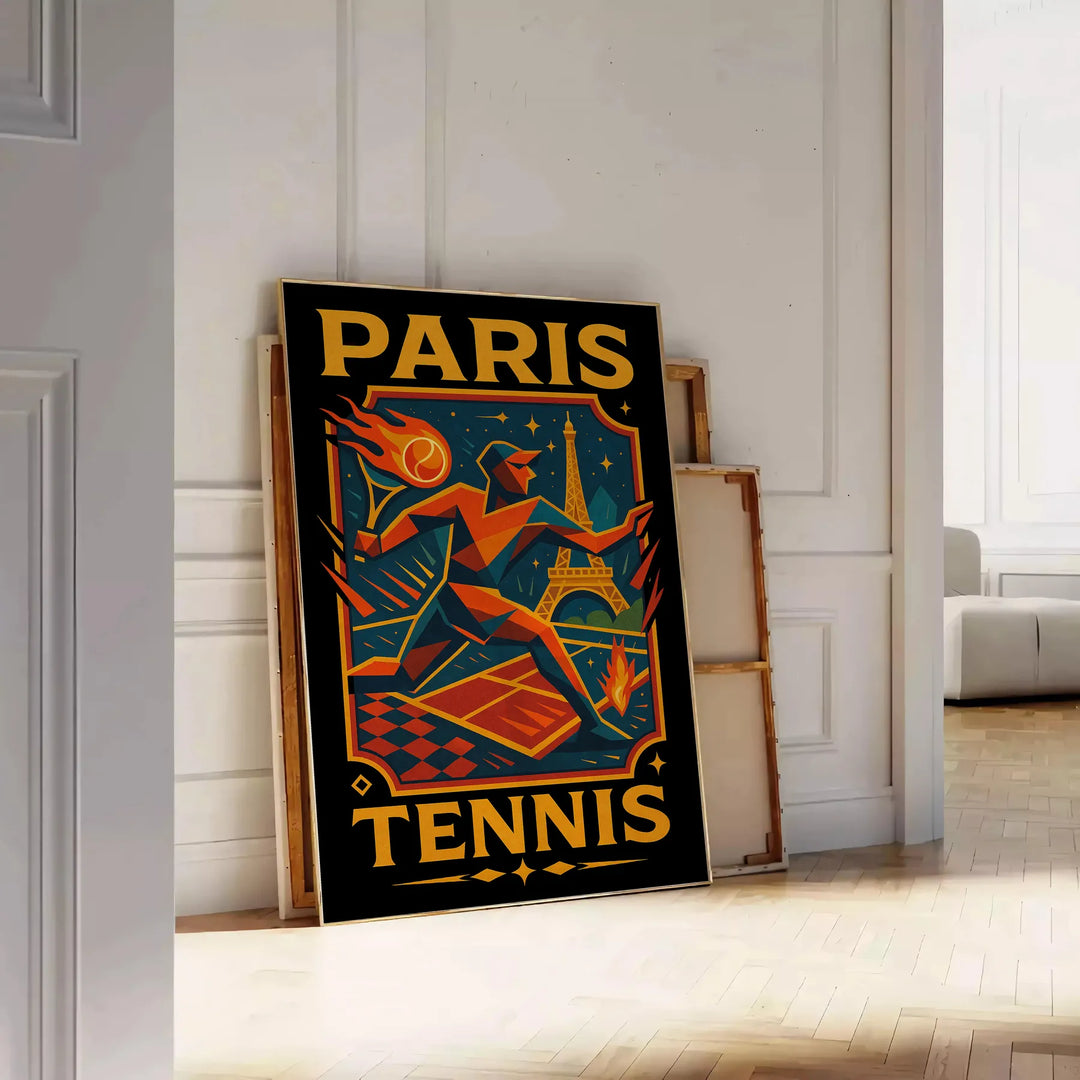 Plakat w stylu vintage przedstawiający tenis w Paryżu, idealny dla miłośników sportu i sztuki, w odcieniach szaro-niebieskich