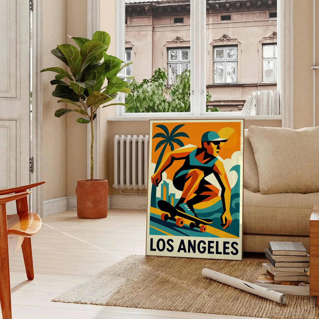 ロサンゼルスのスポーツ文化にインスパイアされた鮮やかなスケートボードポスター。大胆な緑と赤のグラフィックが特徴で、スケート愛好者にぴったりなデザインです。サイズはA4、30x40 cm、50x70 cm、60x80 cm、A0から選べます。